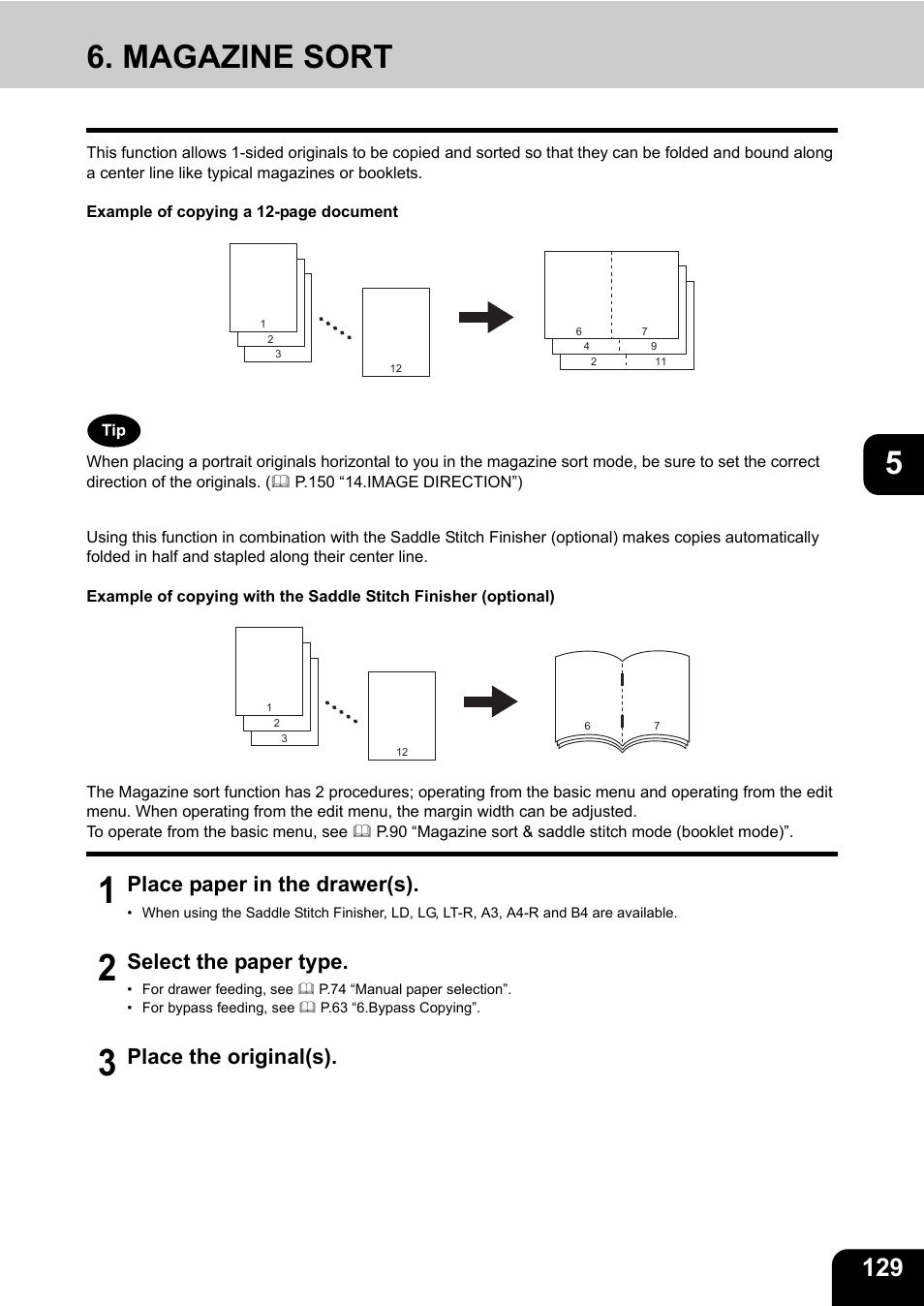 Magazine sort, Place paper in the drawer(s), Select the paper type | Place the original(s) | Toshiba E-STUDIO 850 User Manual | Page 131 / 338