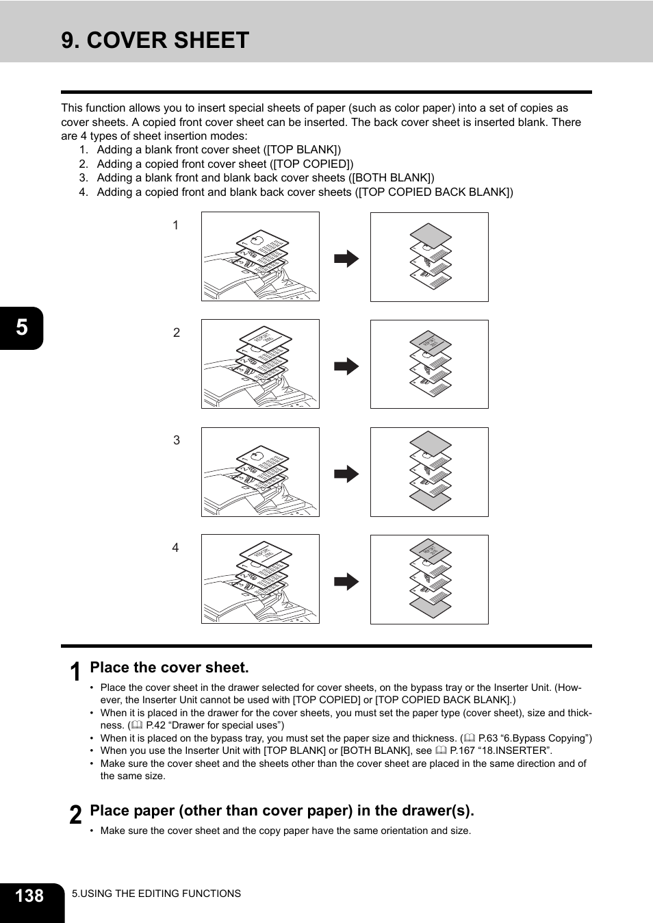 Cover sheet, P.138 “9.cover, Sheet | Place the cover sheet | Toshiba E-STUDIO 850 User Manual | Page 140 / 338