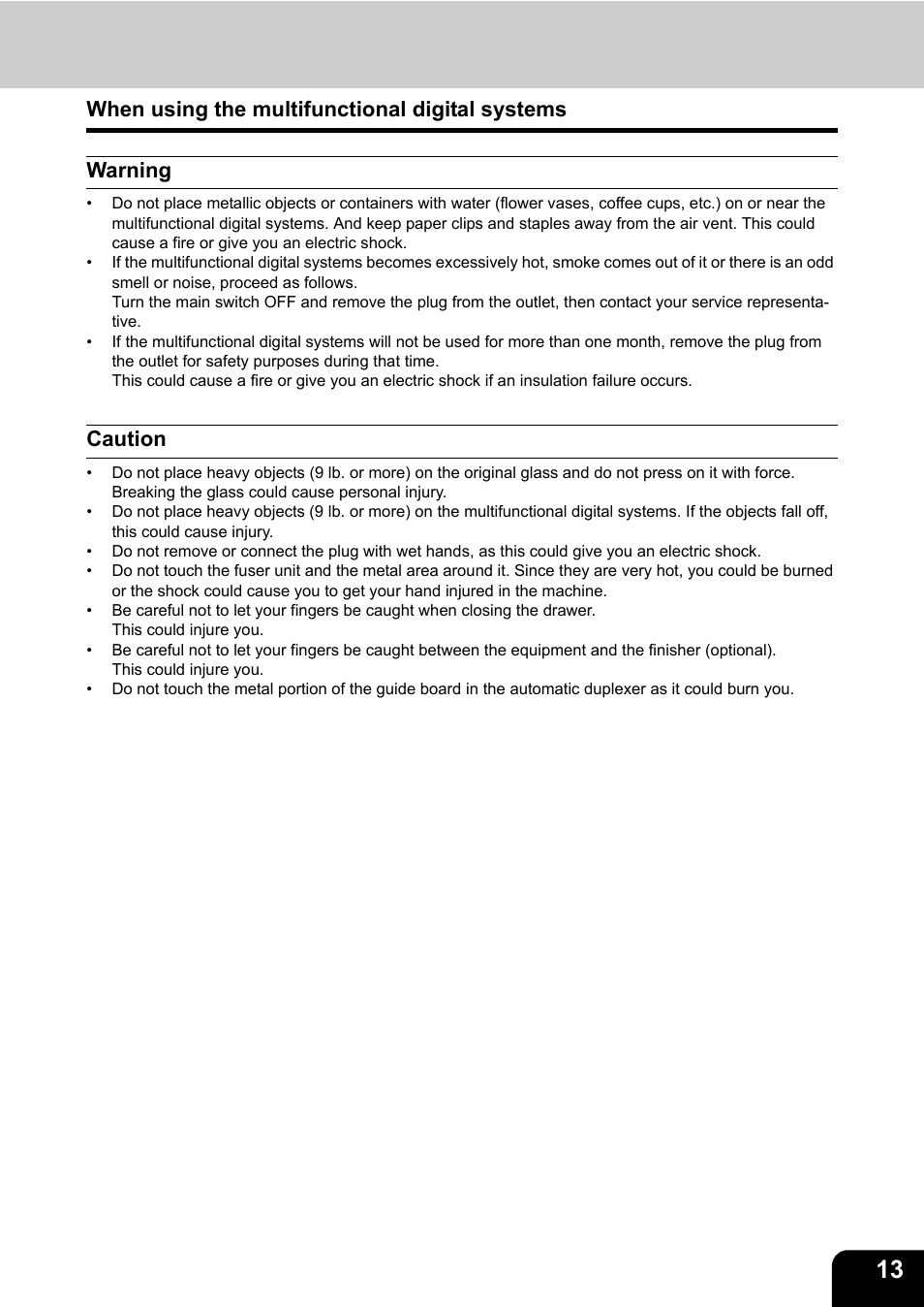 When using the multifunctional digital systems, Warning, Caution | Toshiba E-STUDIO 850 User Manual | Page 15 / 338