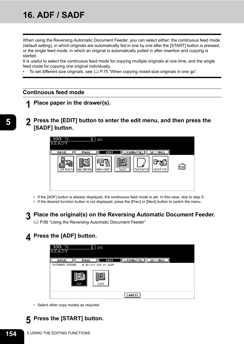 Adf / sadf, Continuous feed mode | Toshiba E-STUDIO 850 User Manual | Page 156 / 338