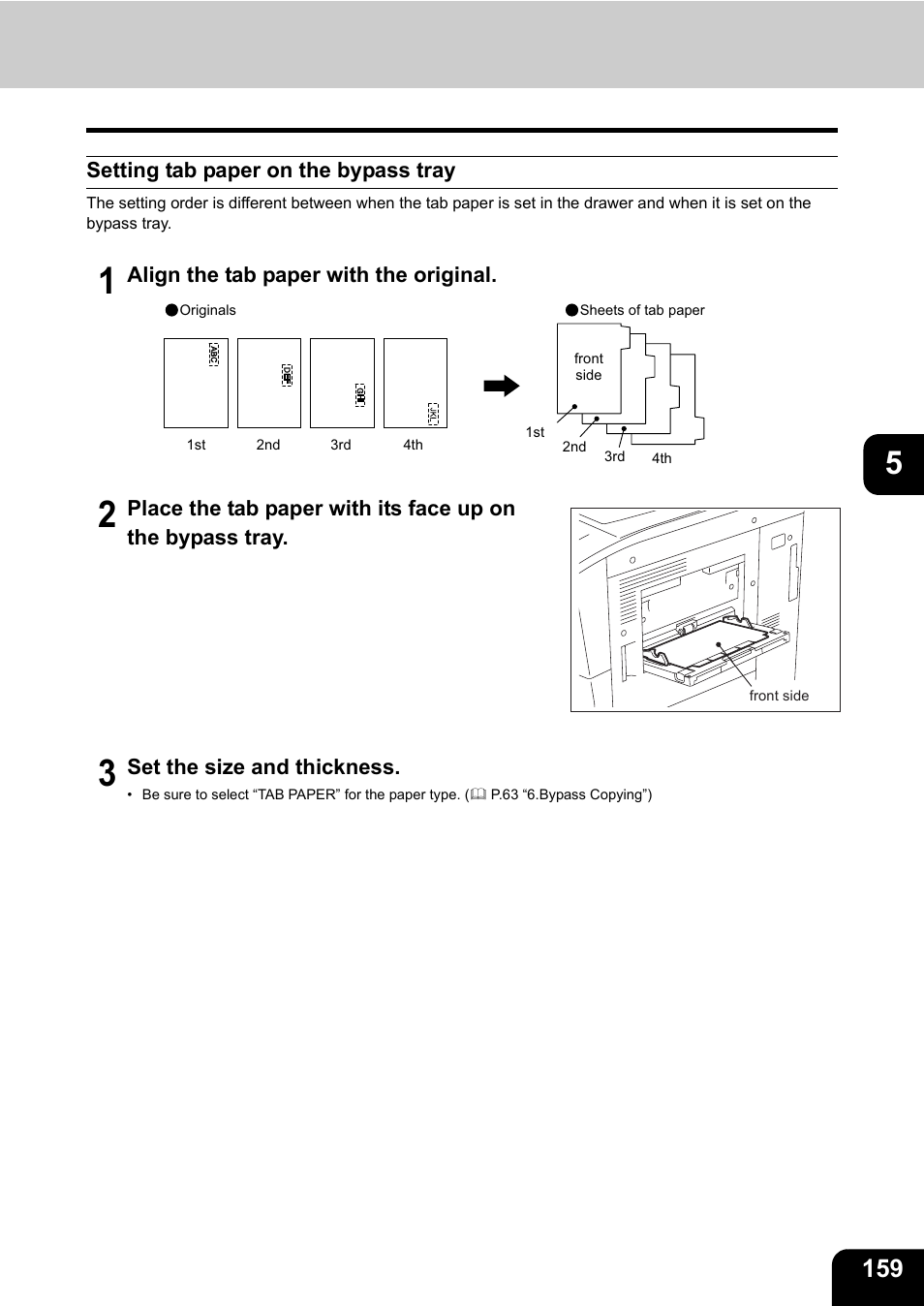 Setting tab paper on the bypass tray, P.159 “setting tab paper on the bypass tray | Toshiba E-STUDIO 850 User Manual | Page 161 / 338