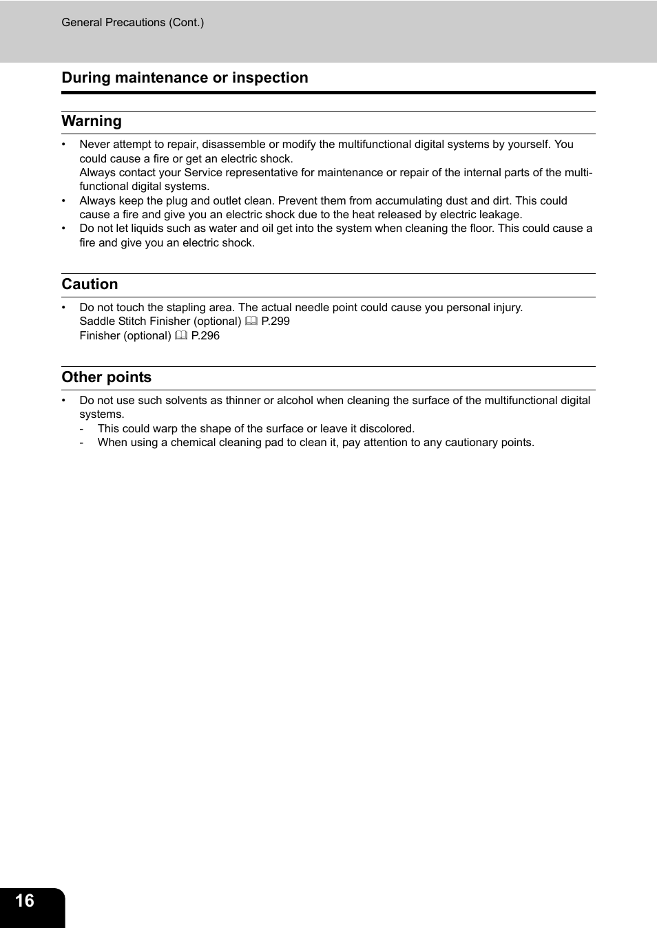 During maintenance or inspection, Warning, Caution | Other points, During maintenance or inspection warning | Toshiba E-STUDIO 850 User Manual | Page 18 / 338