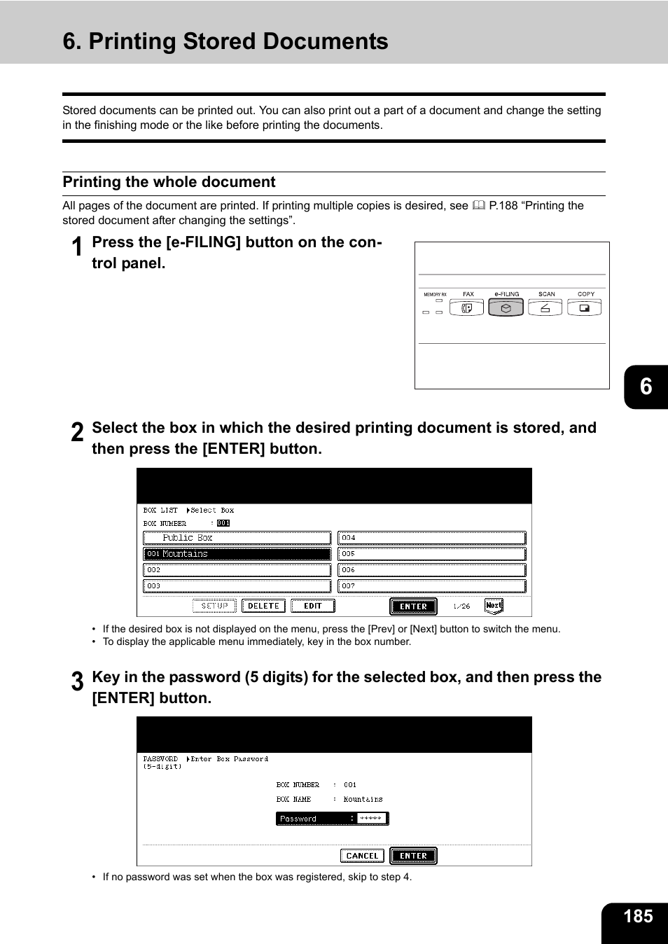 Printing stored documents, Printing the whole document | Toshiba E-STUDIO 850 User Manual | Page 187 / 338