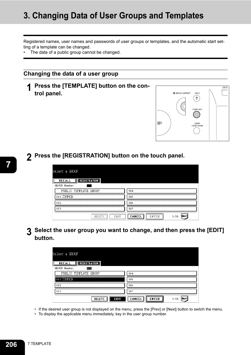 Changing data of user groups and templates, Changing the data of a user group | Toshiba E-STUDIO 850 User Manual | Page 208 / 338