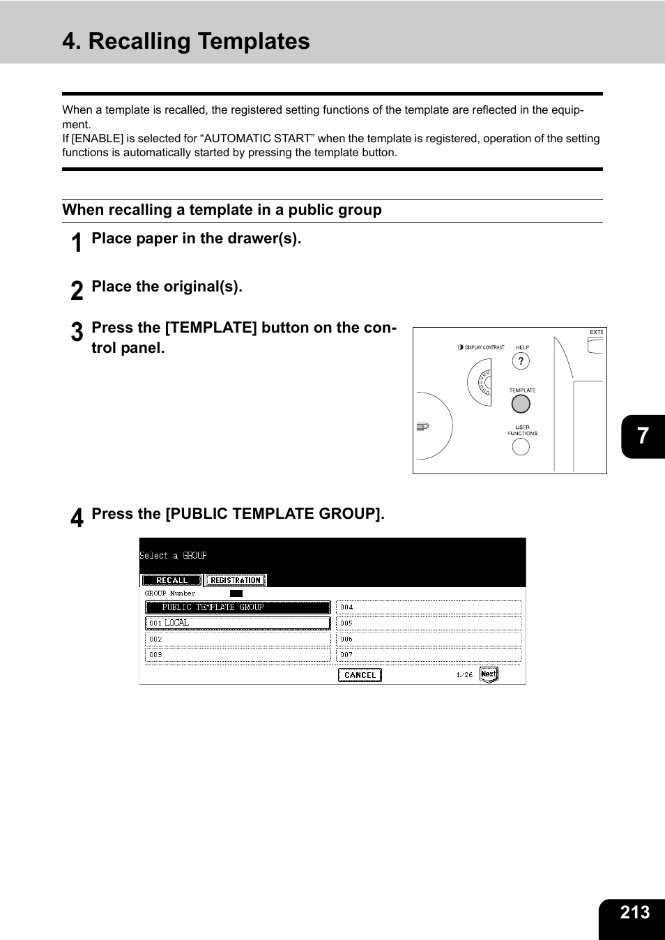 Recalling templates, When recalling a template in a public group | Toshiba E-STUDIO 850 User Manual | Page 215 / 338