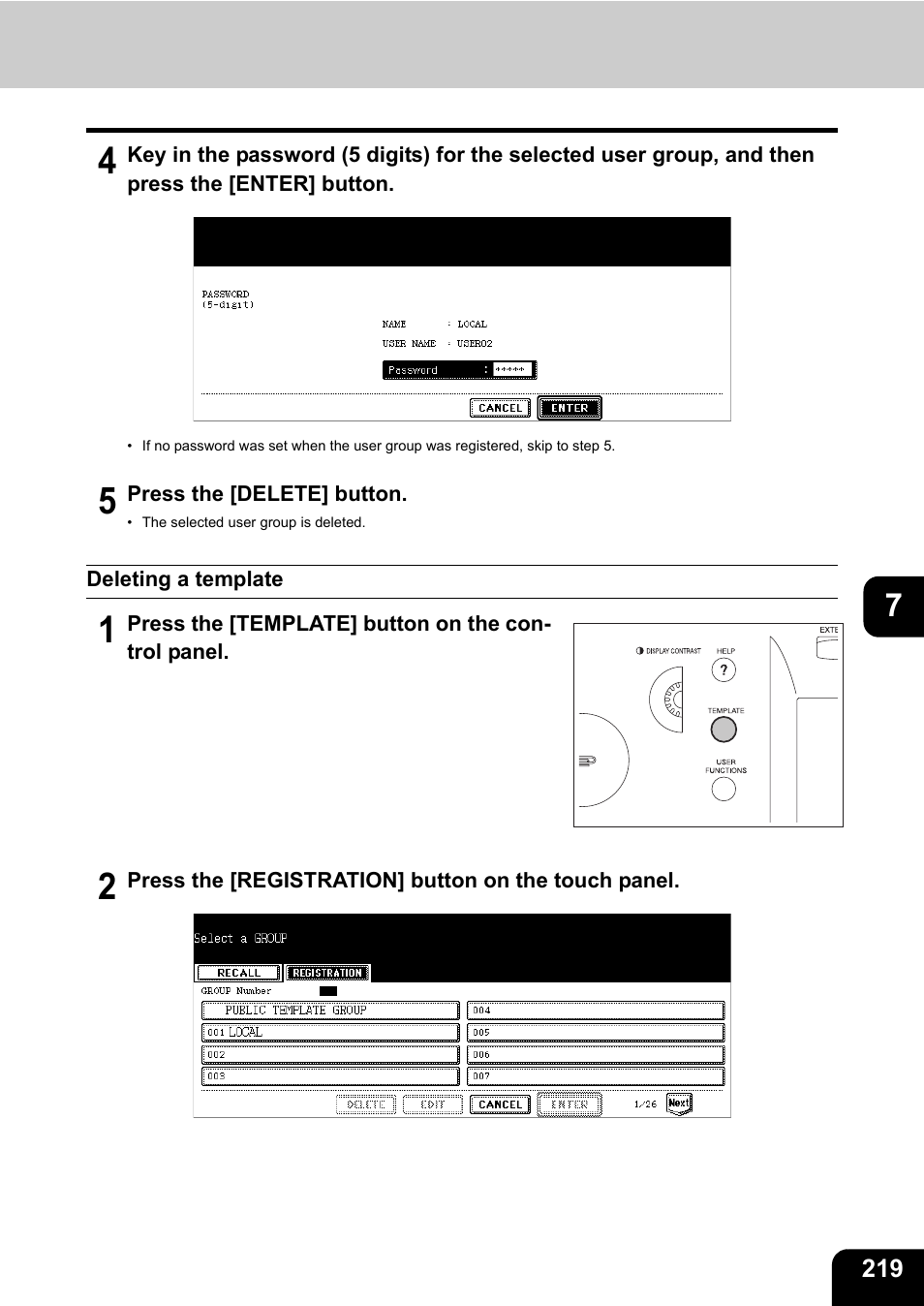 Deleting a template | Toshiba E-STUDIO 850 User Manual | Page 221 / 338