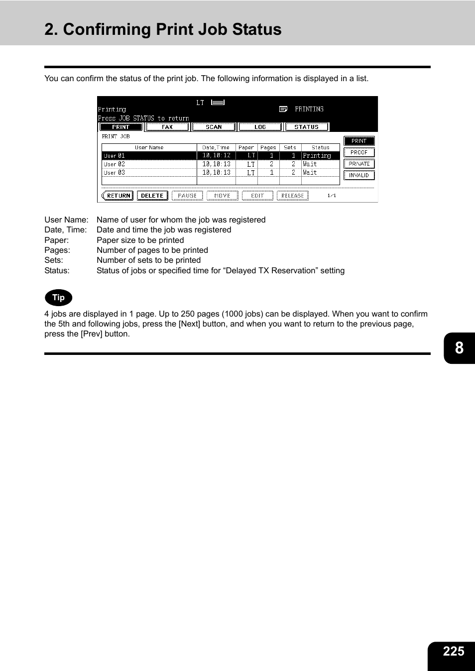 Confirming print job status | Toshiba E-STUDIO 850 User Manual | Page 227 / 338