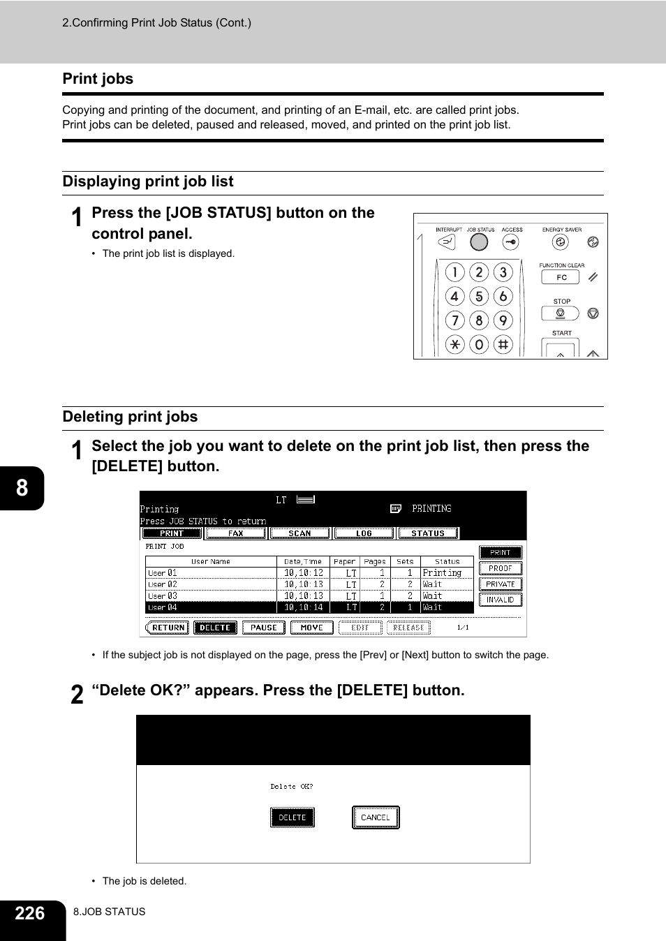 Print jobs, Displaying print job list, Deleting print jobs | Toshiba E-STUDIO 850 User Manual | Page 228 / 338