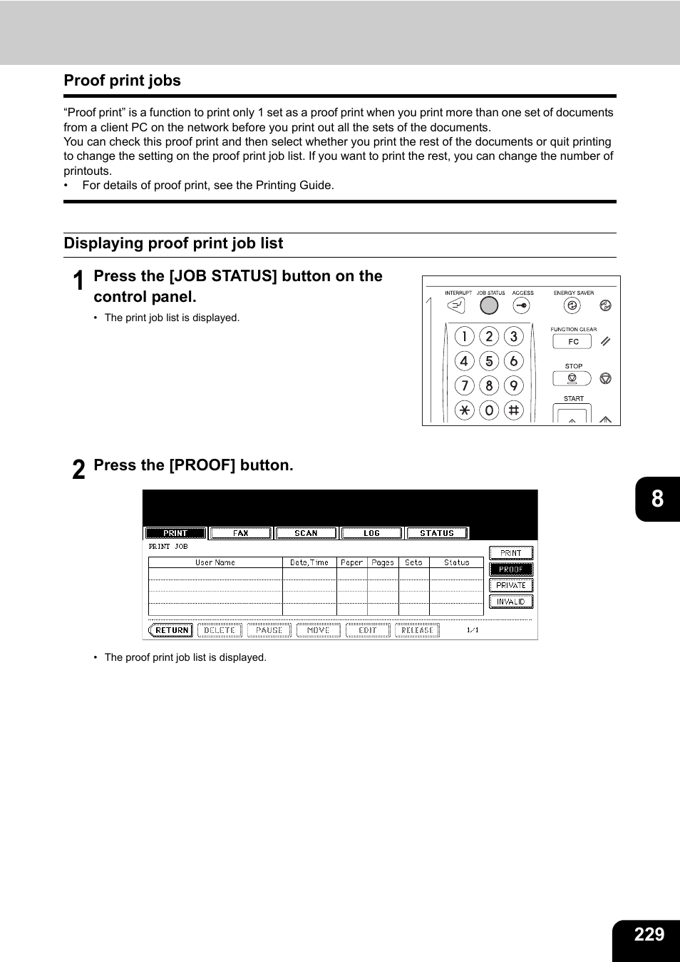 Proof print jobs, Displaying proof print job list | Toshiba E-STUDIO 850 User Manual | Page 231 / 338