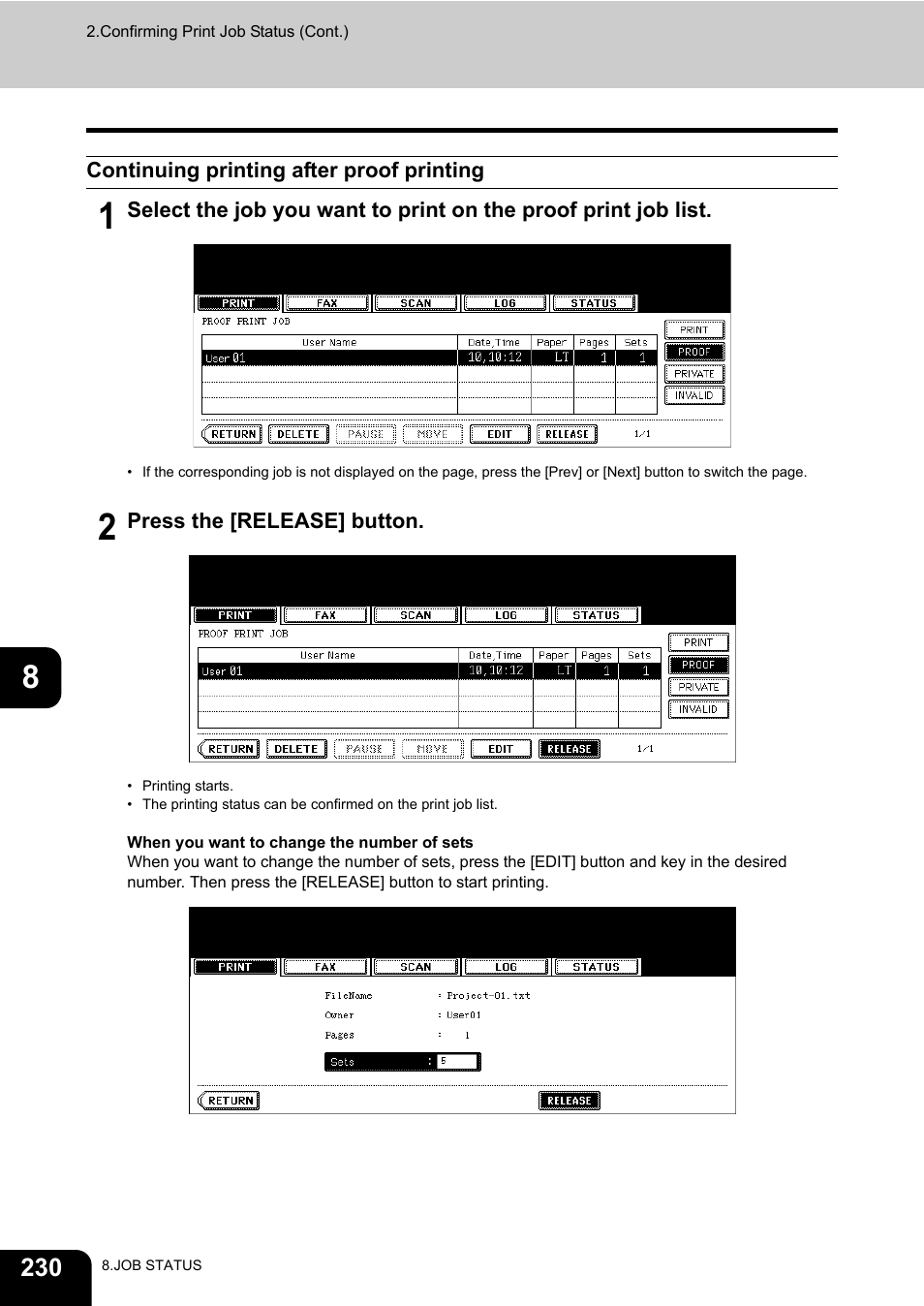 Continuing printing after proof printing | Toshiba E-STUDIO 850 User Manual | Page 232 / 338