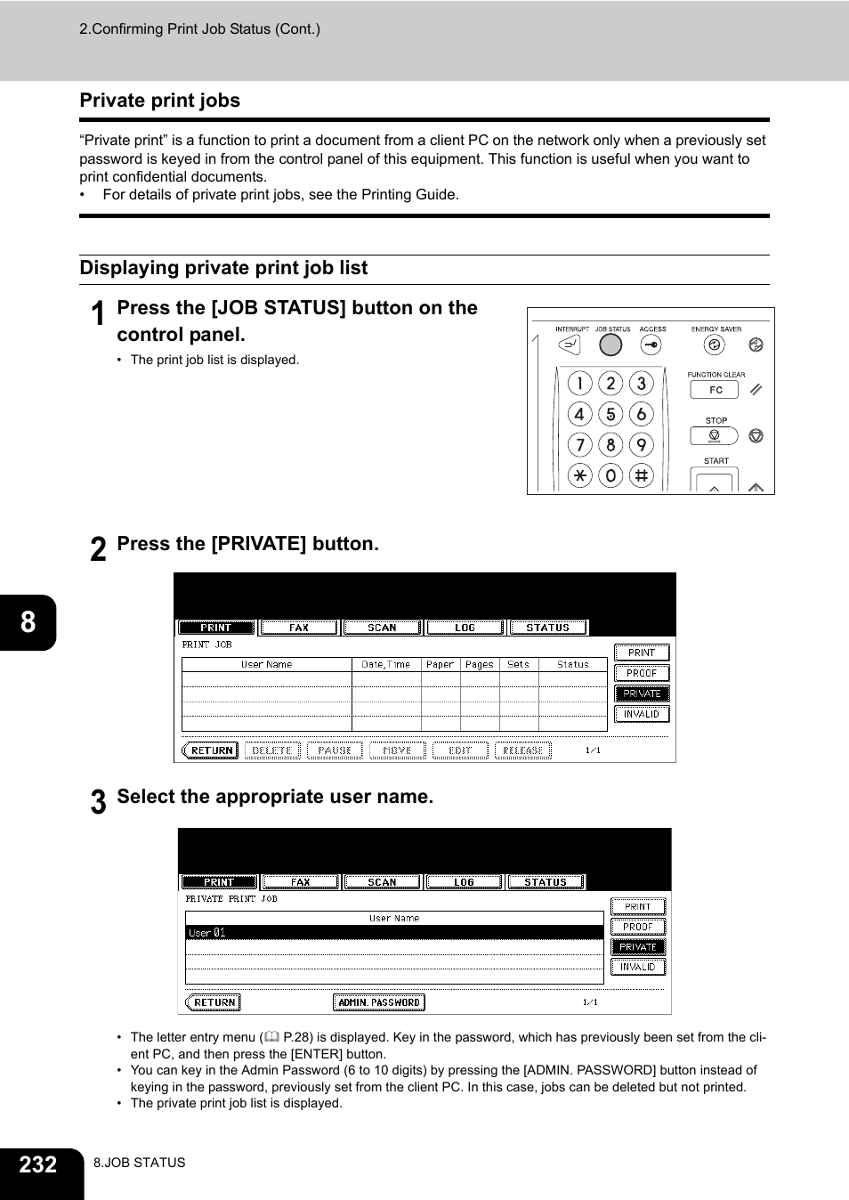 Private print jobs, Displaying private print job list | Toshiba E-STUDIO 850 User Manual | Page 234 / 338