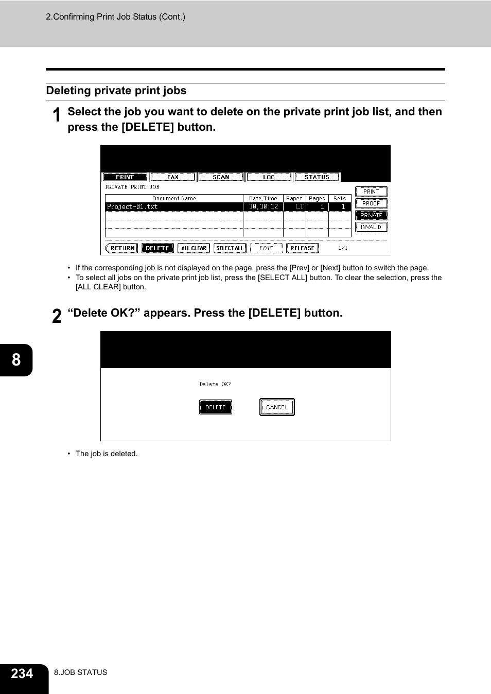 Deleting private print jobs | Toshiba E-STUDIO 850 User Manual | Page 236 / 338