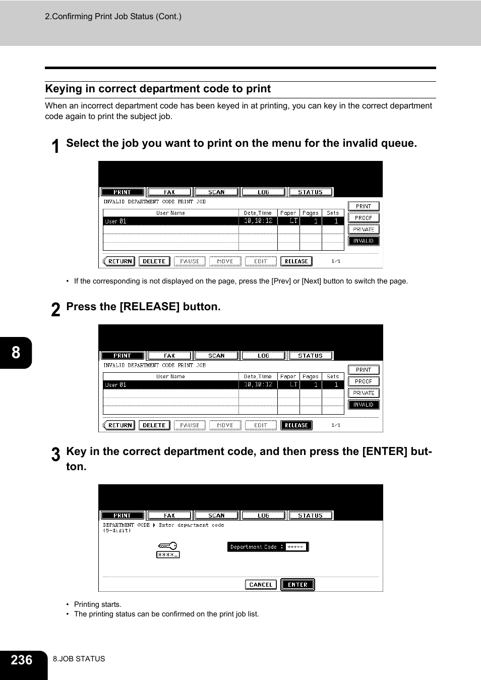 Keying in correct department code to print | Toshiba E-STUDIO 850 User Manual | Page 238 / 338