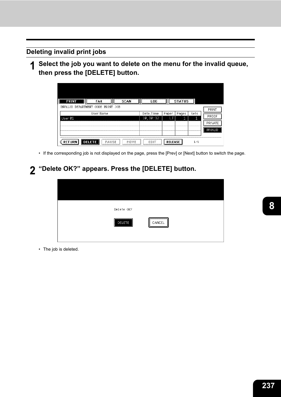 Deleting invalid print jobs | Toshiba E-STUDIO 850 User Manual | Page 239 / 338