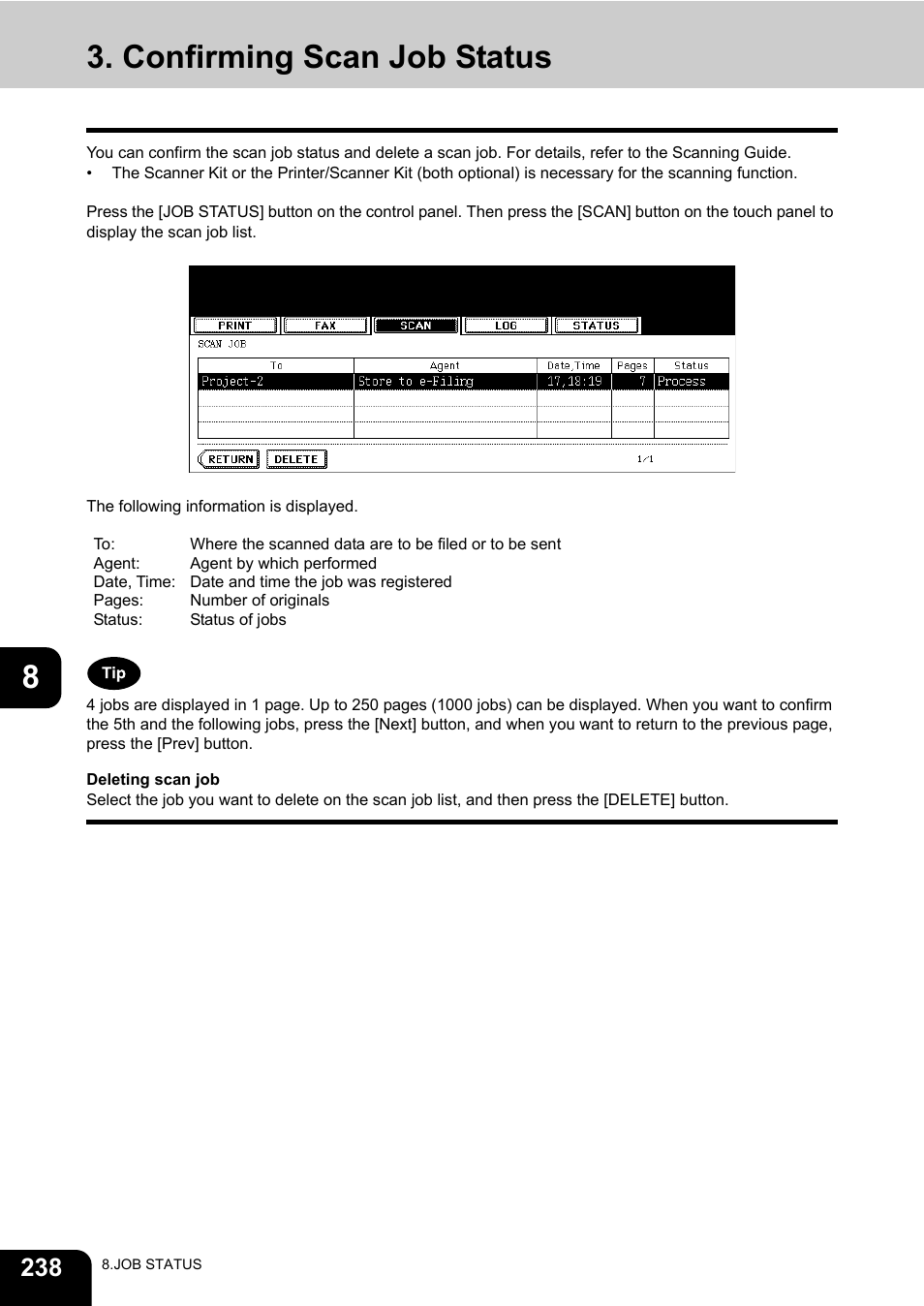 Confirming scan job status | Toshiba E-STUDIO 850 User Manual | Page 240 / 338
