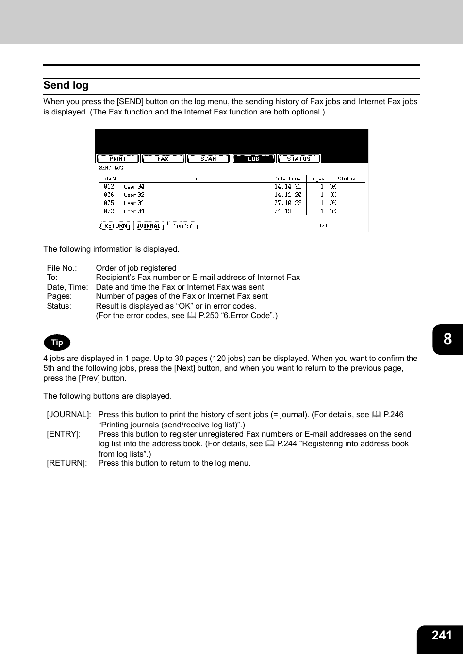 Send log | Toshiba E-STUDIO 850 User Manual | Page 243 / 338