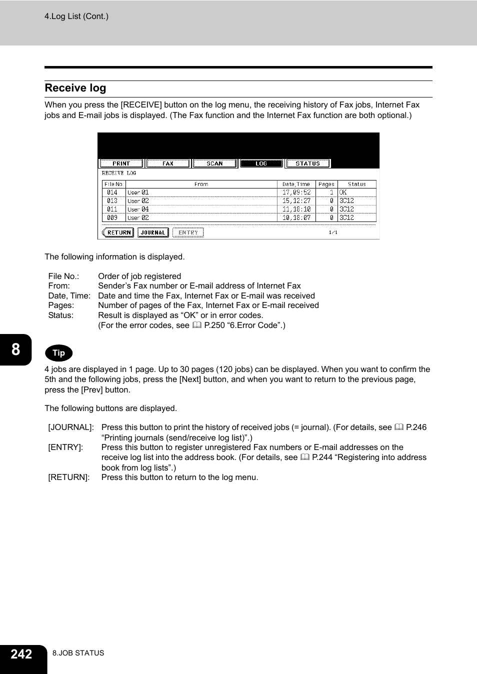 Receive log | Toshiba E-STUDIO 850 User Manual | Page 244 / 338