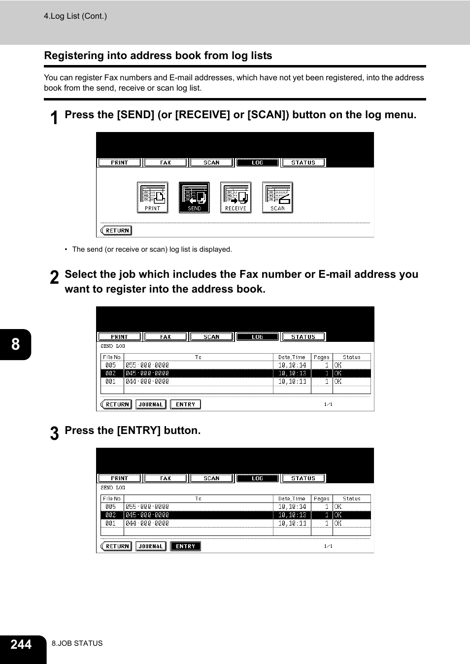Registering into address book from log lists | Toshiba E-STUDIO 850 User Manual | Page 246 / 338
