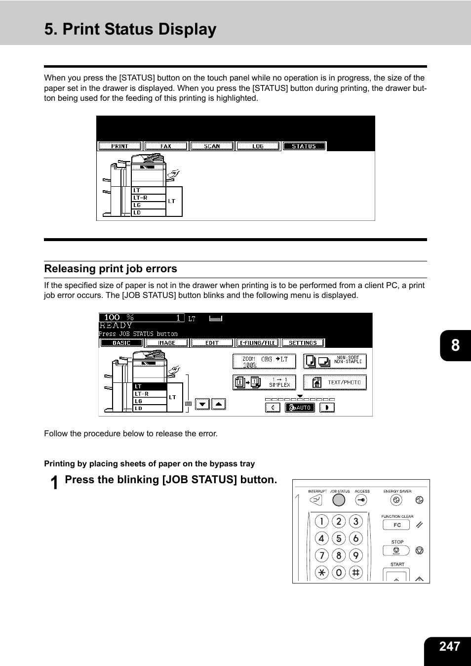 Print status display, Releasing print job errors | Toshiba E-STUDIO 850 User Manual | Page 249 / 338