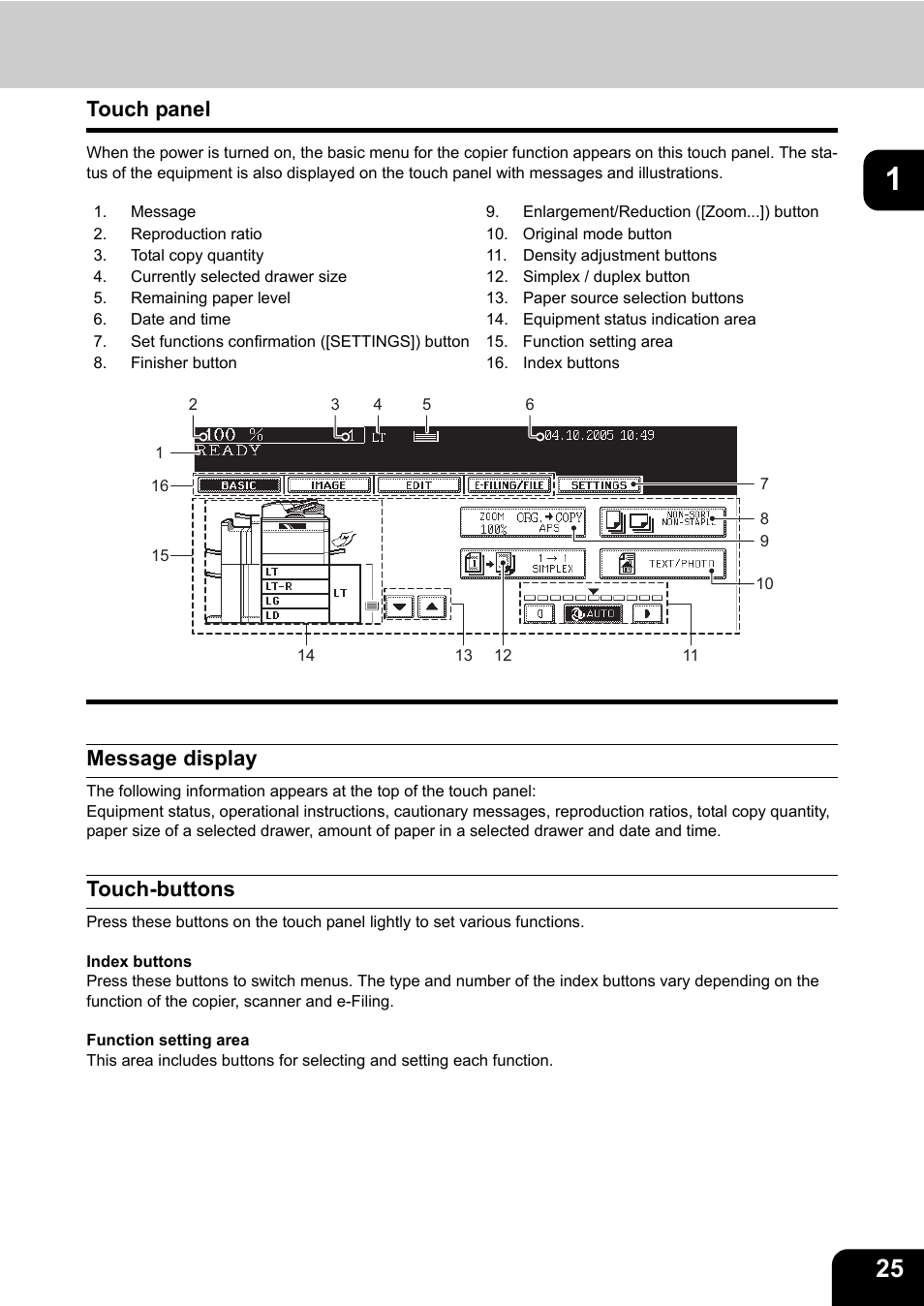 Touch panel, Message display, Touch-buttons | Toshiba E-STUDIO 850 User Manual | Page 27 / 338