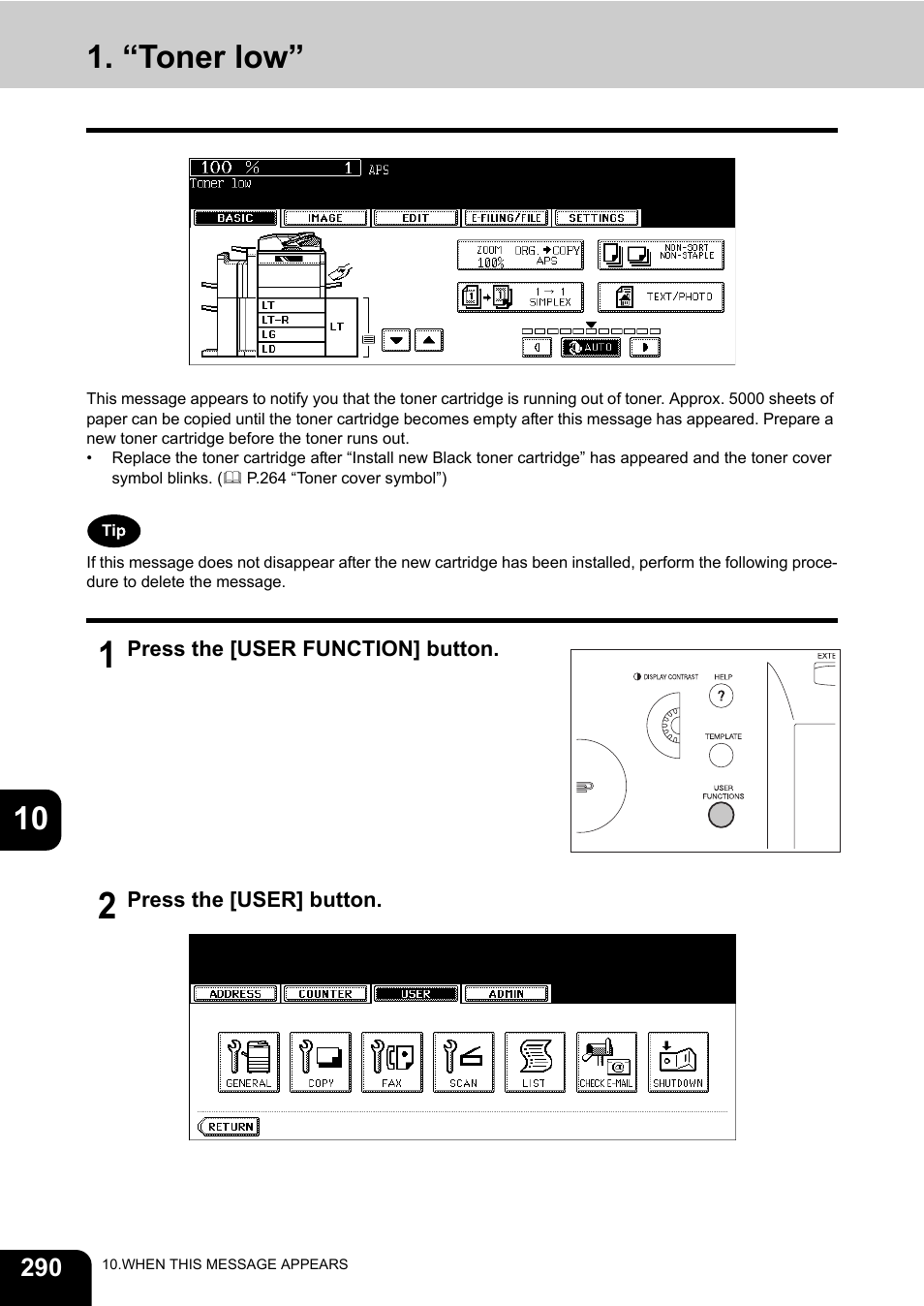“toner low, 10 1. “toner low | Toshiba E-STUDIO 850 User Manual | Page 292 / 338