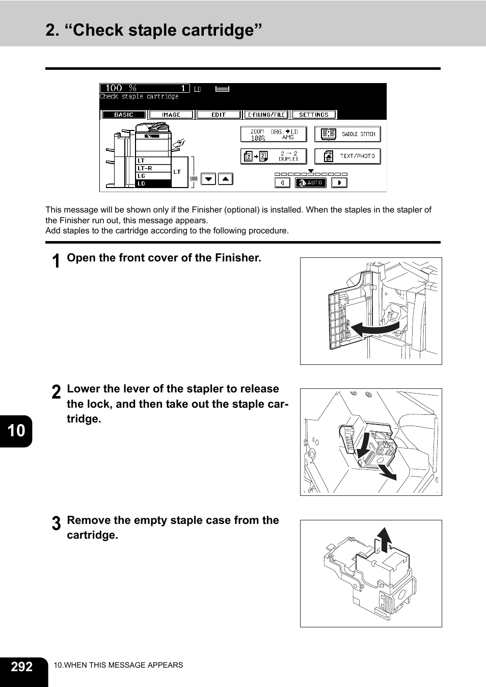 “check staple cartridge, 10 2. “check staple cartridge | Toshiba E-STUDIO 850 User Manual | Page 294 / 338