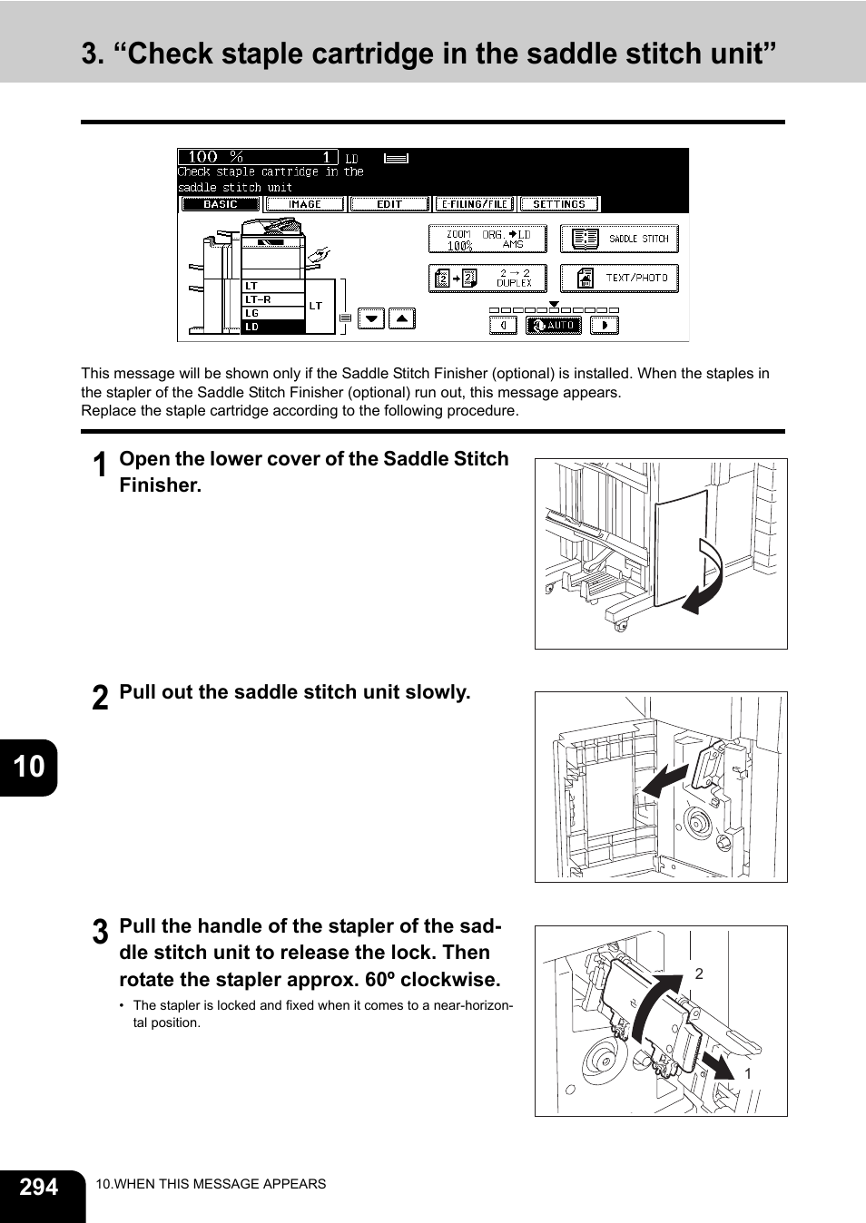 “check staple cartridge in the saddle stitch unit | Toshiba E-STUDIO 850 User Manual | Page 296 / 338
