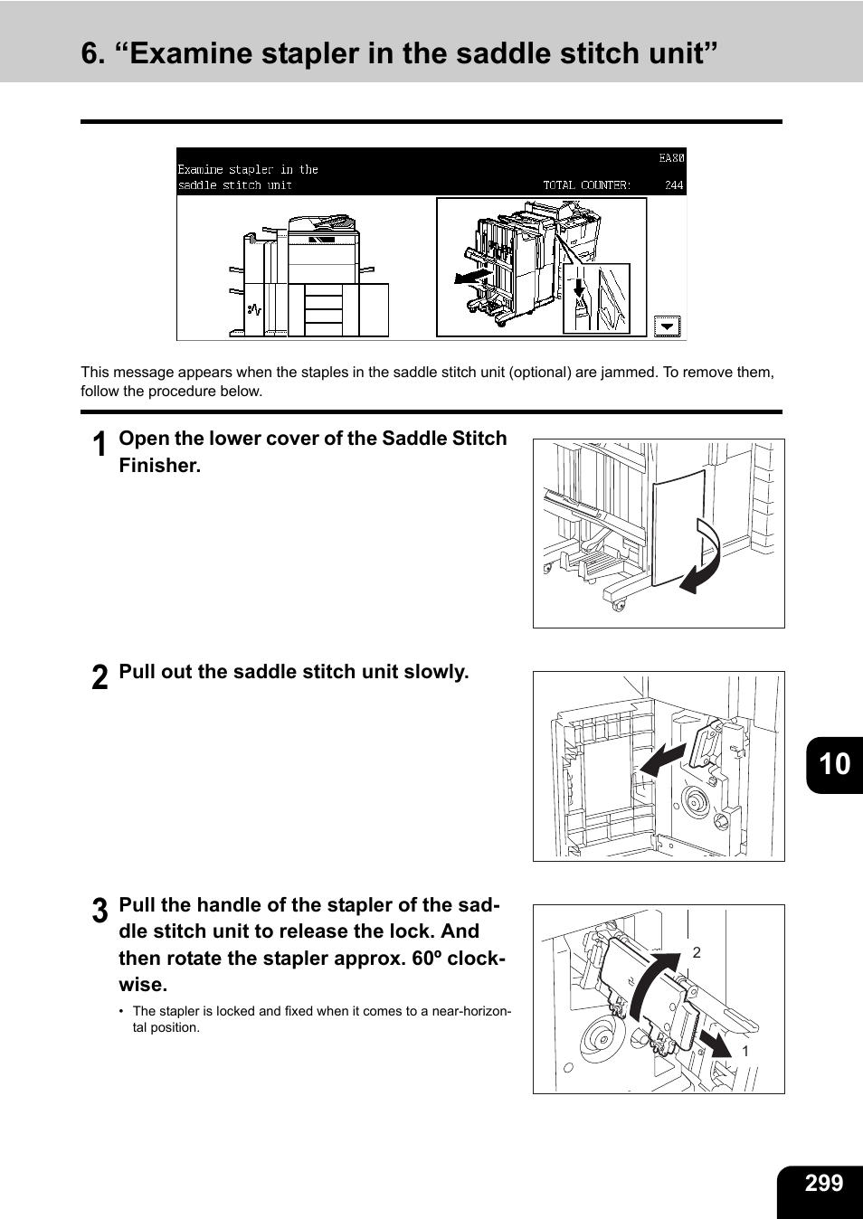 “examine stapler in the saddle stitch unit, 10 6. “examine stapler in the saddle stitch unit | Toshiba E-STUDIO 850 User Manual | Page 301 / 338