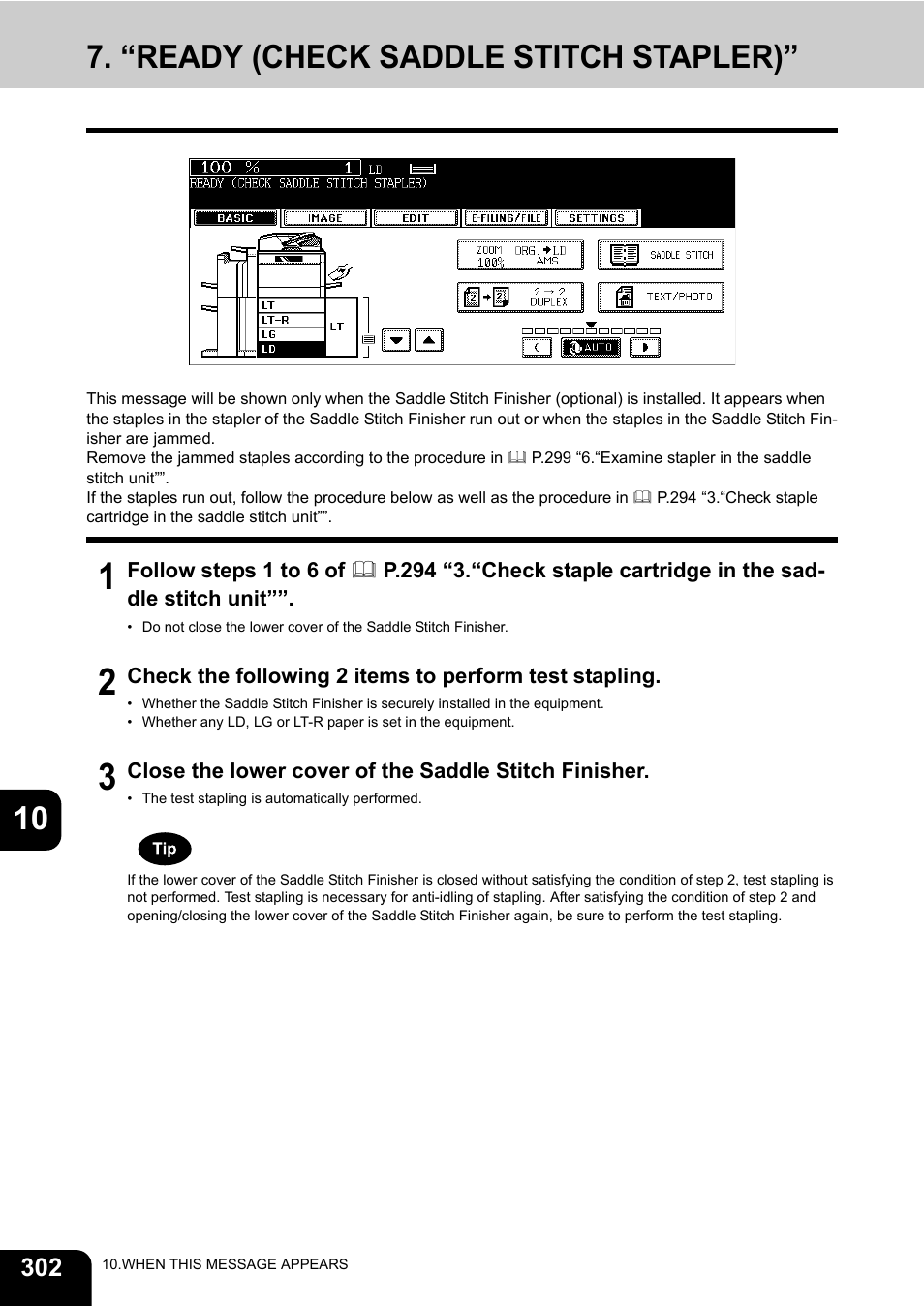 “ready (check saddle stitch stapler), 10 7. “ready (check saddle stitch stapler) | Toshiba E-STUDIO 850 User Manual | Page 304 / 338