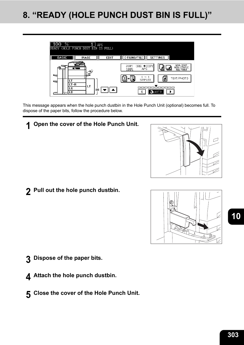 “ready (hole punch dust bin is full), 10 8. “ready (hole punch dust bin is full) | Toshiba E-STUDIO 850 User Manual | Page 305 / 338