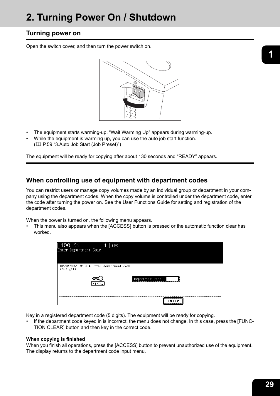 Turning power on / shutdown, Turning power on | Toshiba E-STUDIO 850 User Manual | Page 31 / 338