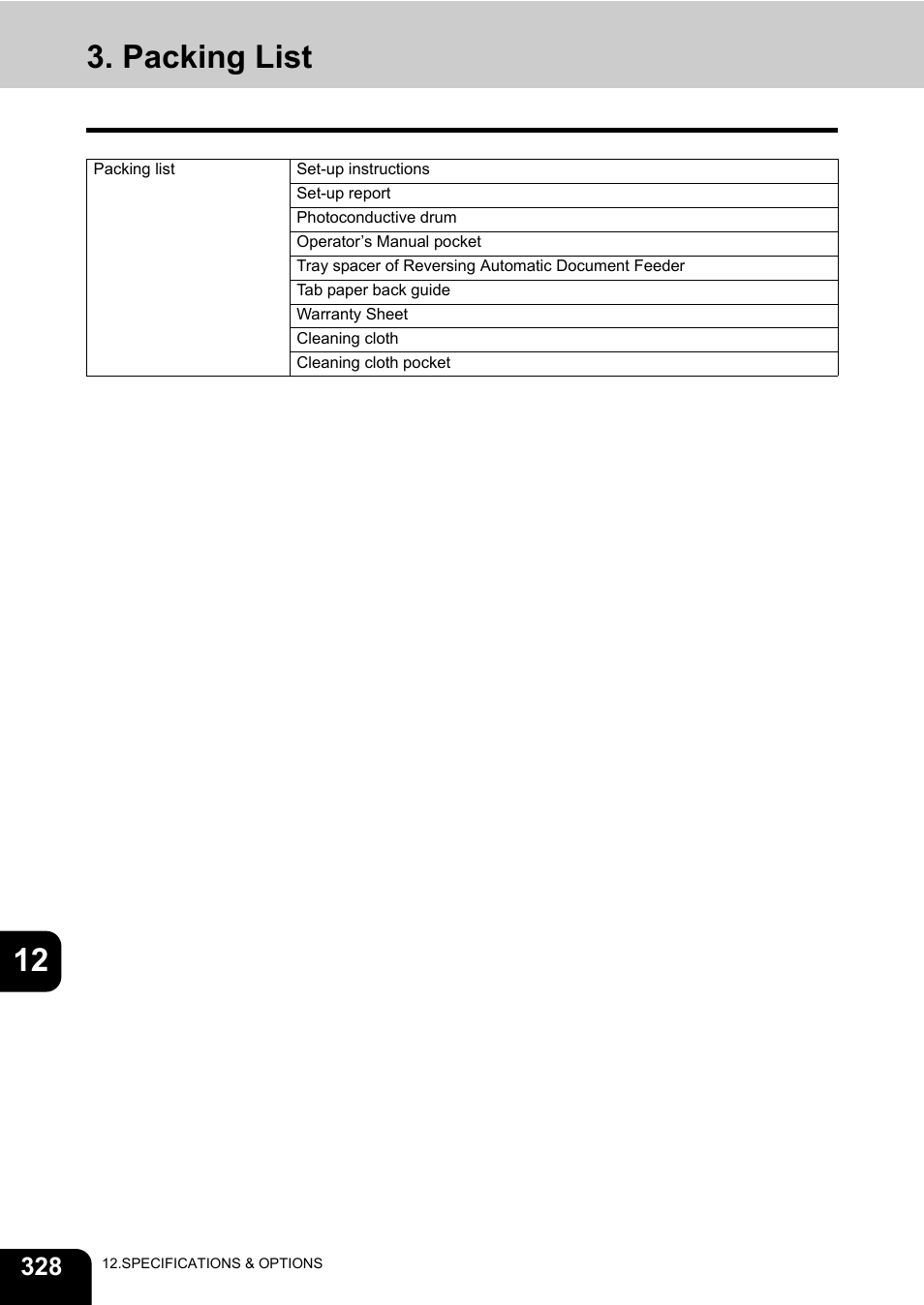 Packing list, 12 3. packing list | Toshiba E-STUDIO 850 User Manual | Page 330 / 338