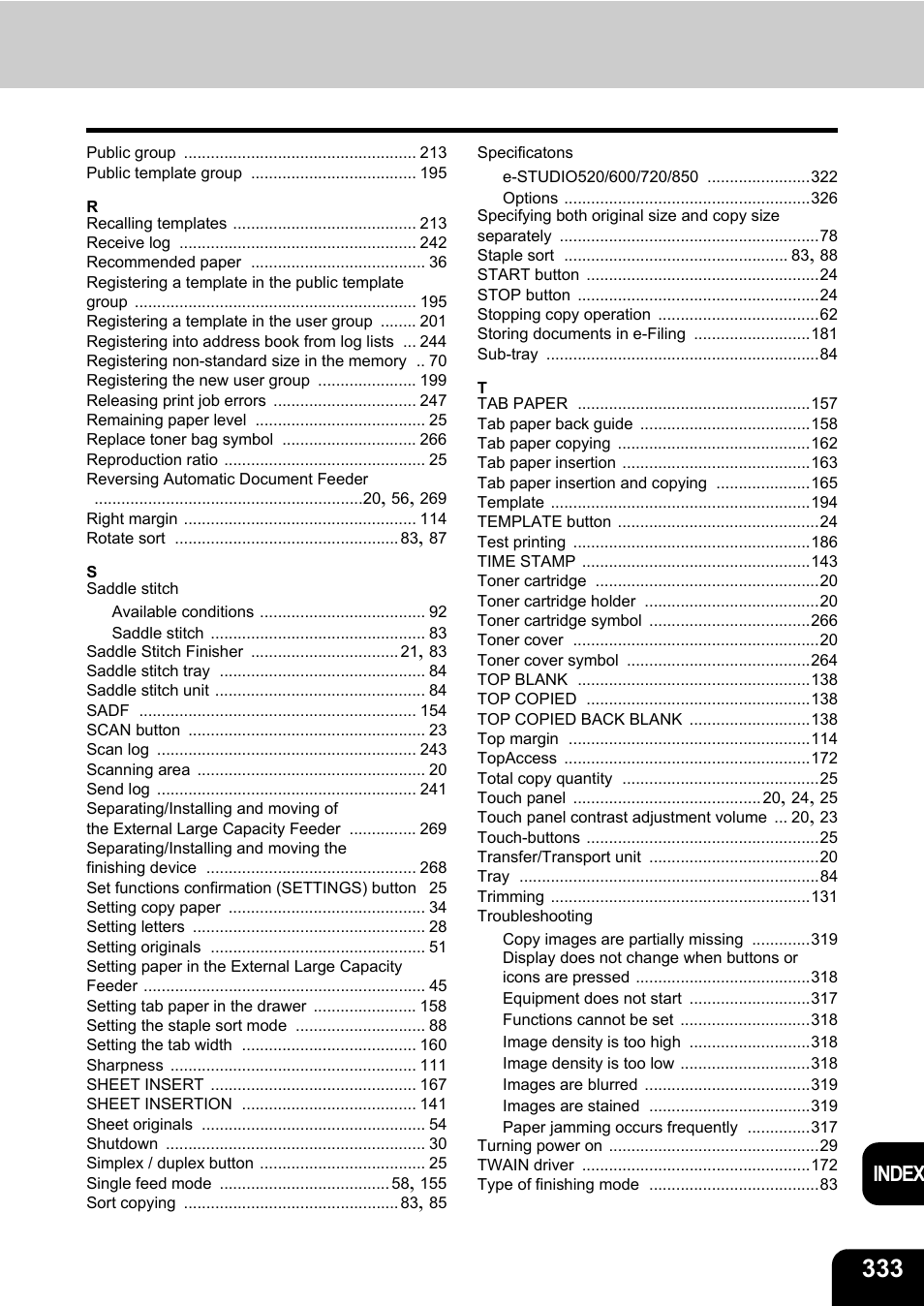 Index | Toshiba E-STUDIO 850 User Manual | Page 335 / 338