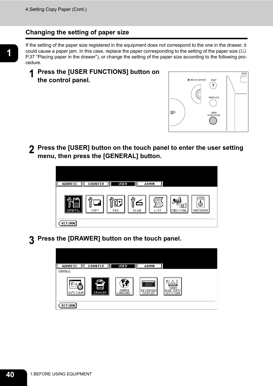 Changing the setting of paper size | Toshiba E-STUDIO 850 User Manual | Page 42 / 338