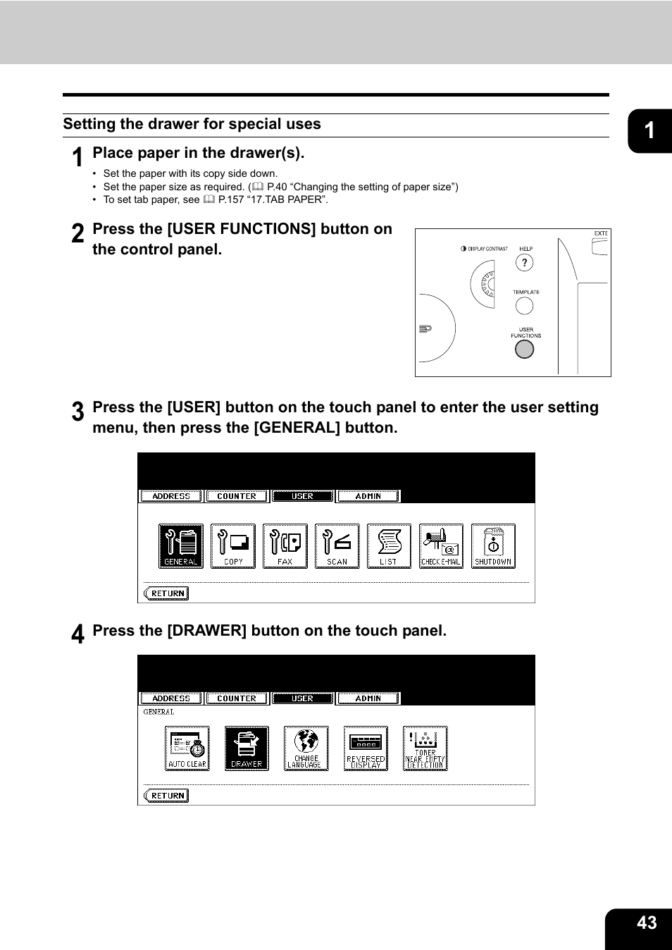 Setting the drawer for special uses | Toshiba E-STUDIO 850 User Manual | Page 45 / 338