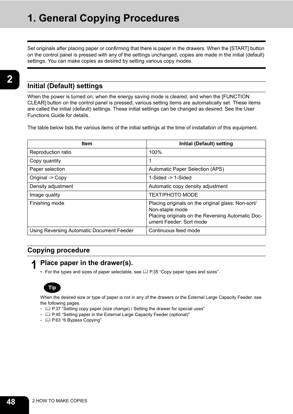 General copying procedures, Initial (default) settings, Copying procedure | Place paper in the drawer(s) | Toshiba E-STUDIO 850 User Manual | Page 50 / 338