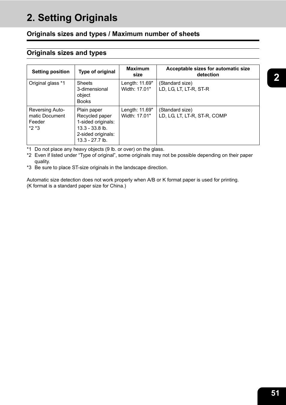 Setting originals, Originals sizes and types, P.51 “originals sizes and types | Toshiba E-STUDIO 850 User Manual | Page 53 / 338