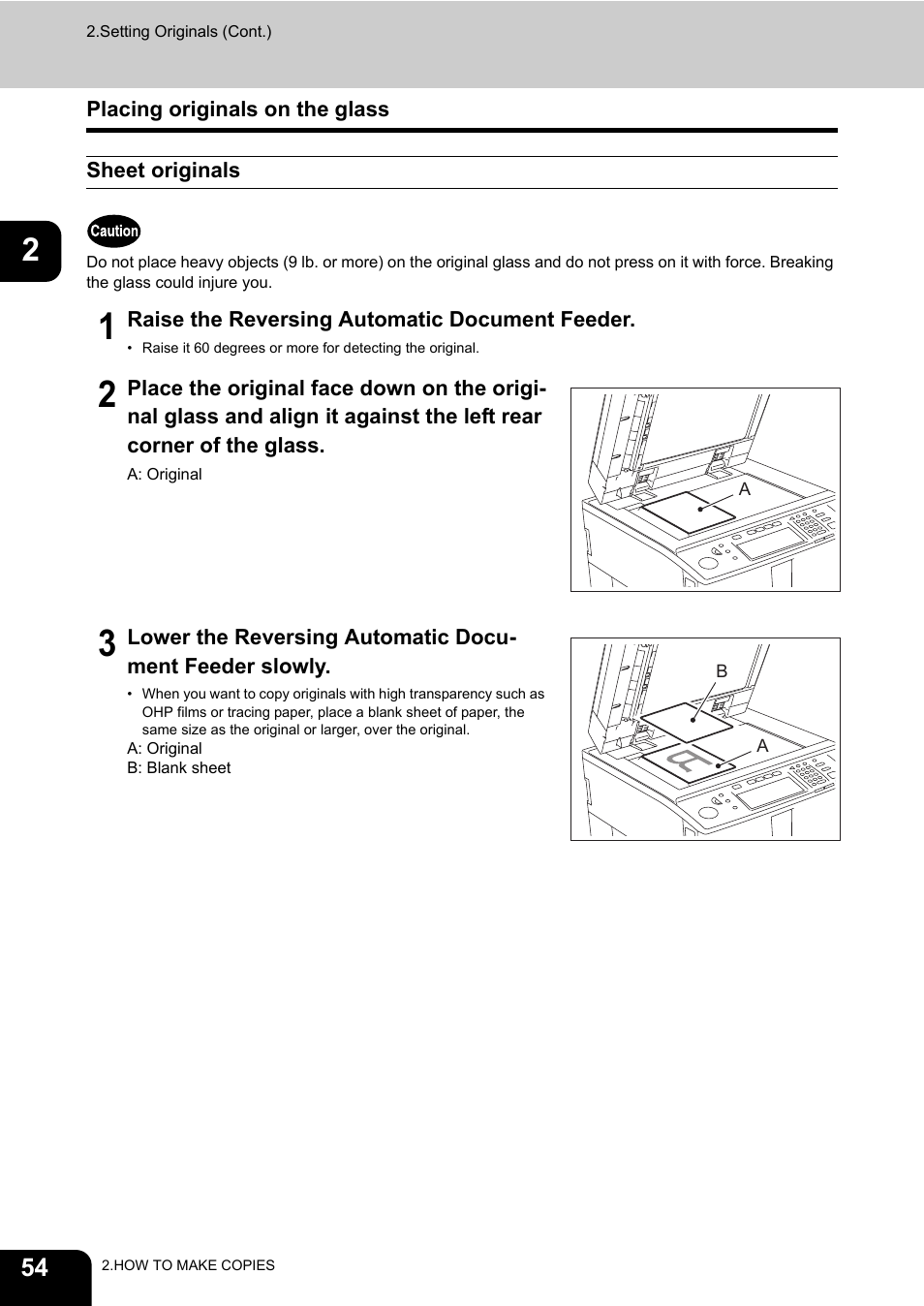 Placing originals on the glass, Sheet originals, P.54 “placing originals on the glass | Toshiba E-STUDIO 850 User Manual | Page 56 / 338