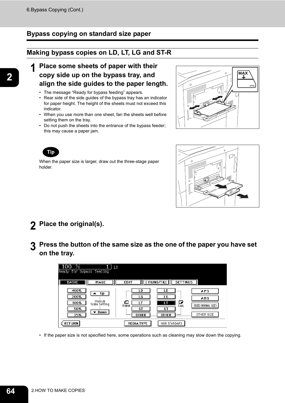 Bypass copying on standard size paper, Making bypass copies on ld, lt, lg and st-r, P.64 | Toshiba E-STUDIO 850 User Manual | Page 66 / 338