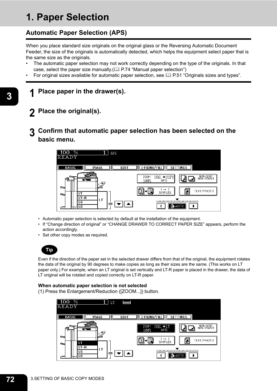 Paper selection, Automatic paper selection (aps) | Toshiba E-STUDIO 850 User Manual | Page 74 / 338