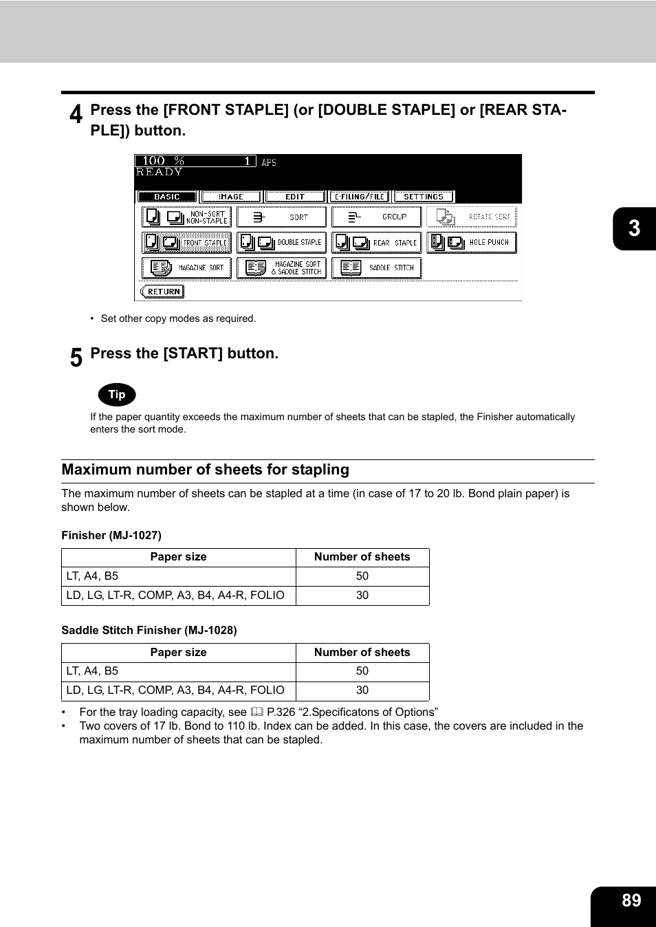 Maximum number of sheets for stapling | Toshiba E-STUDIO 850 User Manual | Page 91 / 338