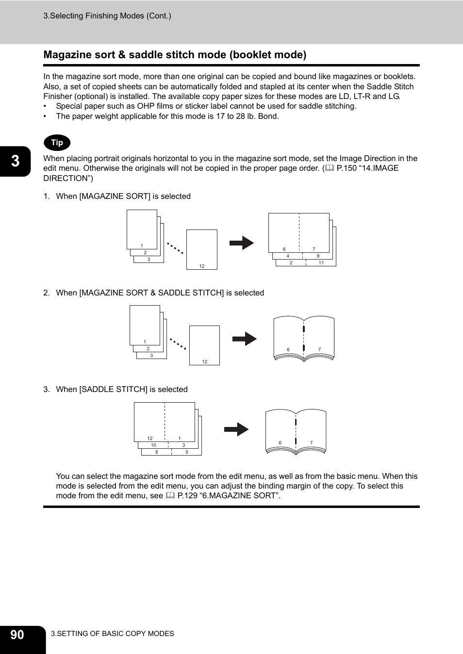 Magazine sort & saddle stitch mode (booklet mode), Selecting finishing modes (cont.) | Toshiba E-STUDIO 850 User Manual | Page 92 / 338