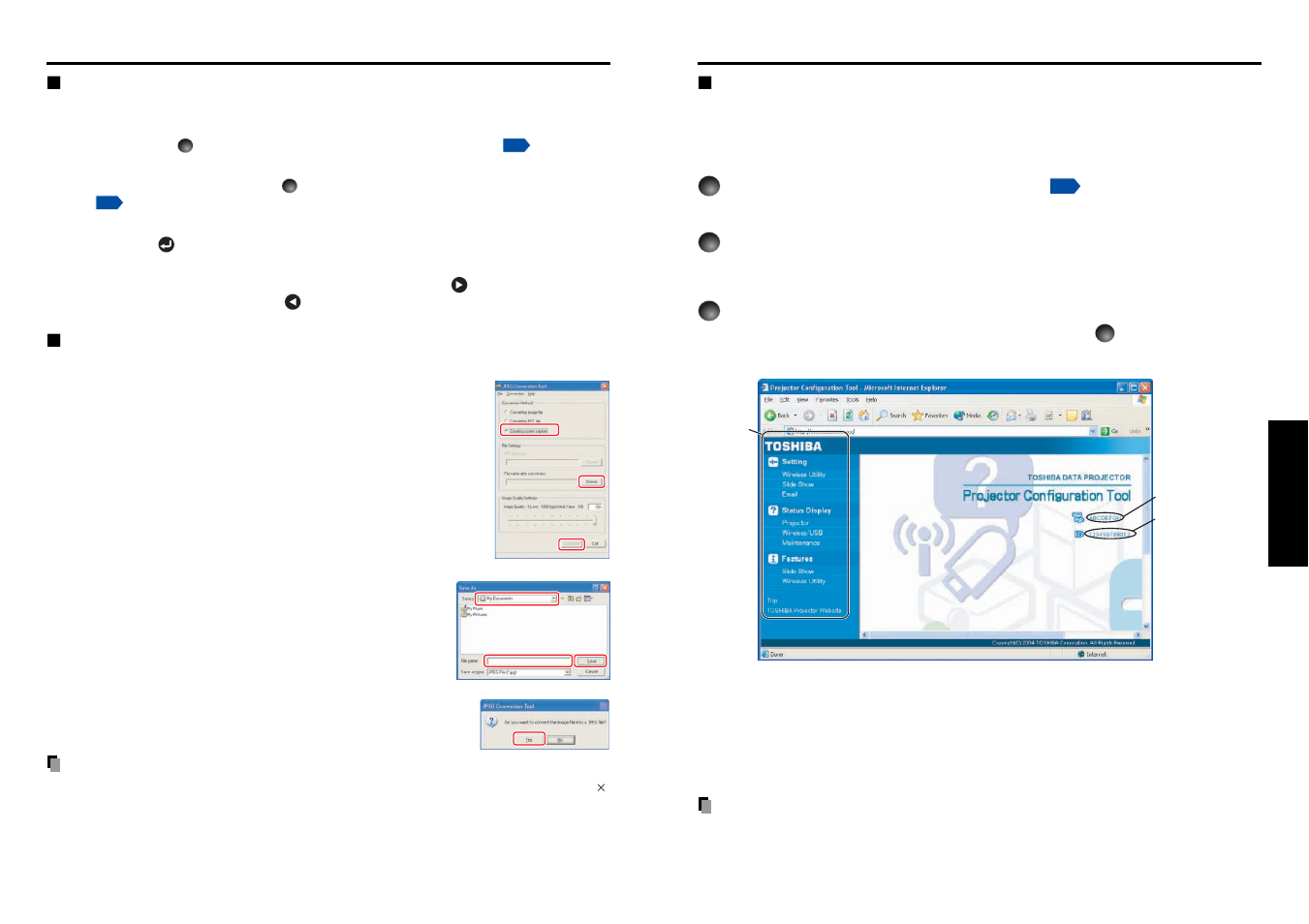 Making a presentation with converted jpeg files, Setting up the projector using a web browser, How to use the “projector configuration tool | Operations, How to use the jpeg conversion tool (continued) | Toshiba TDP-TW100 User Manual | Page 39 / 46