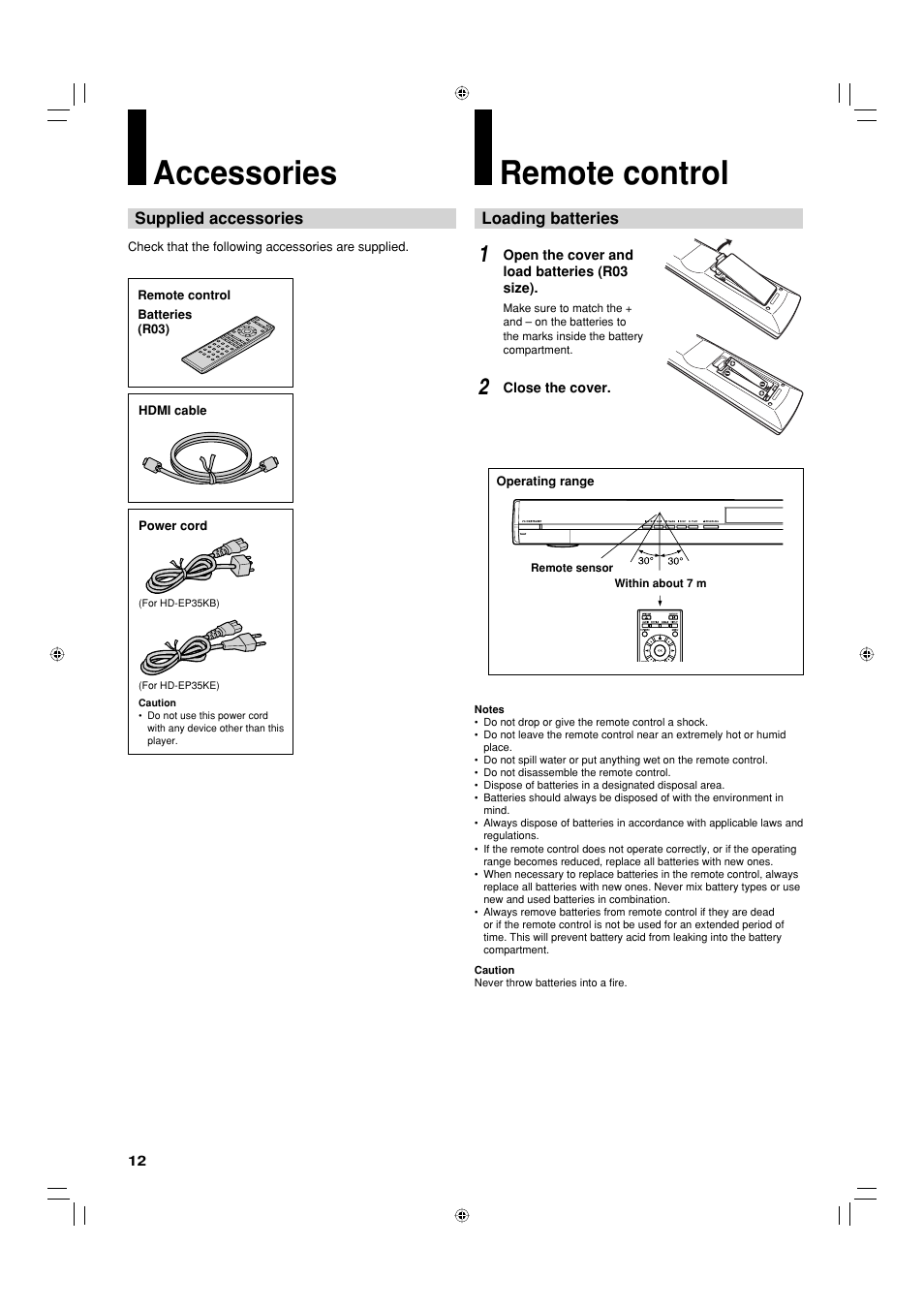 Accessories, Remote control | Toshiba HD-EP35KB User Manual | Page 12 / 40