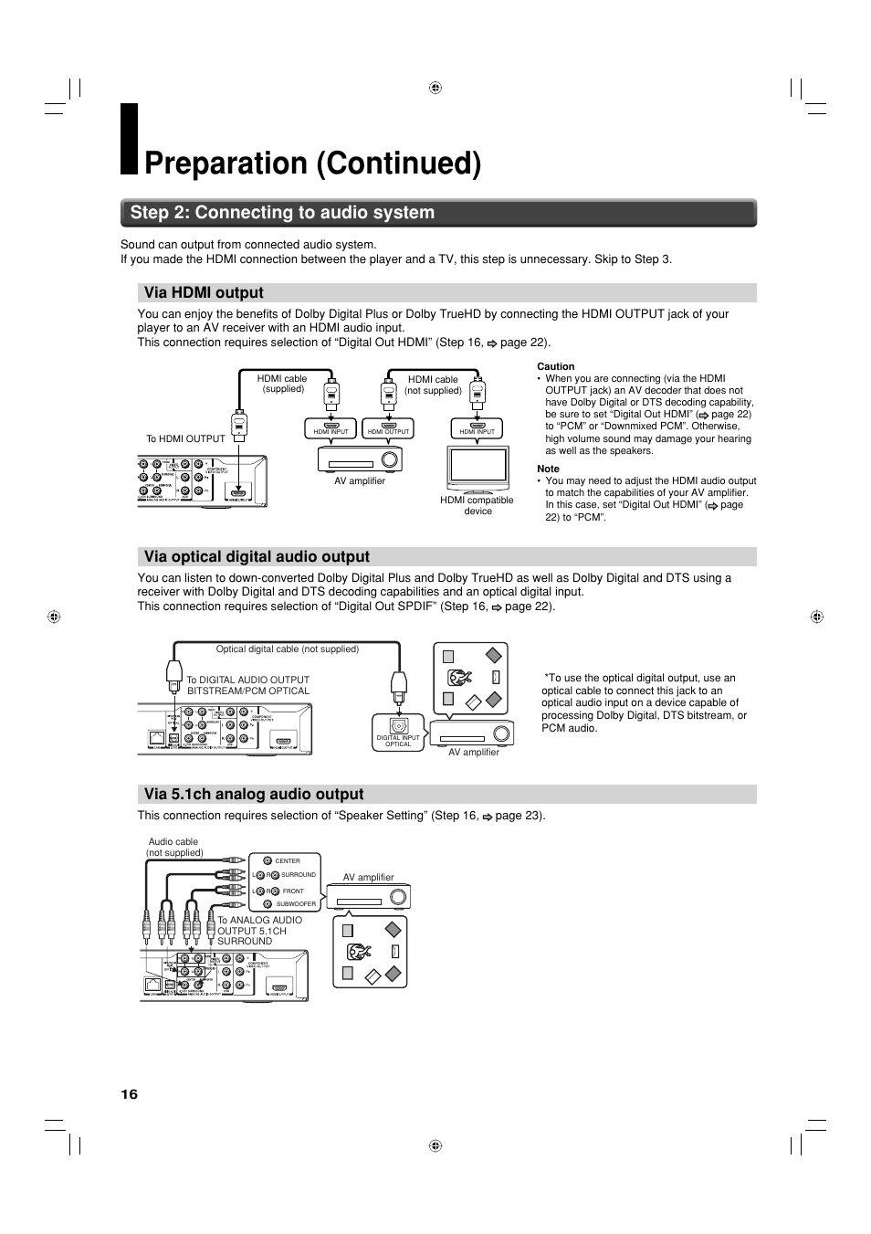 Preparation (continued), Step 2: connecting to audio system, Via hdmi output | Via optical digital audio output, Via 5.1ch analog audio output | Toshiba HD-EP35KB User Manual | Page 16 / 40