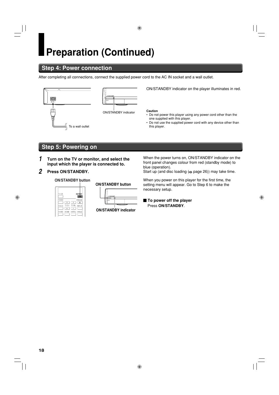 Preparation (continued), Step 5: powering on, Step 4: power connection | Toshiba HD-EP35KB User Manual | Page 18 / 40