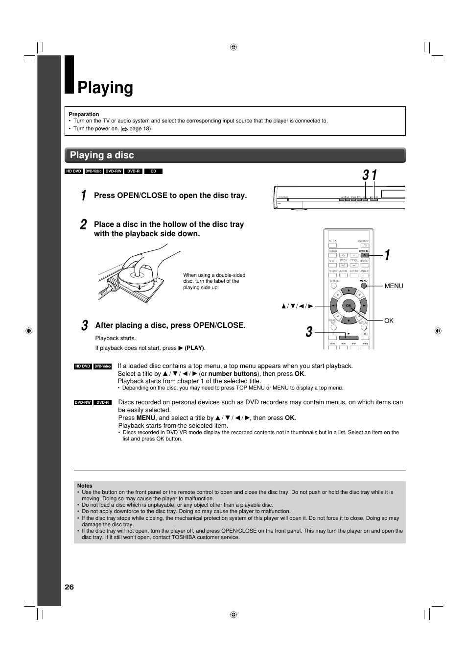 Playing, Playing a disc | Toshiba HD-EP35KB User Manual | Page 26 / 40