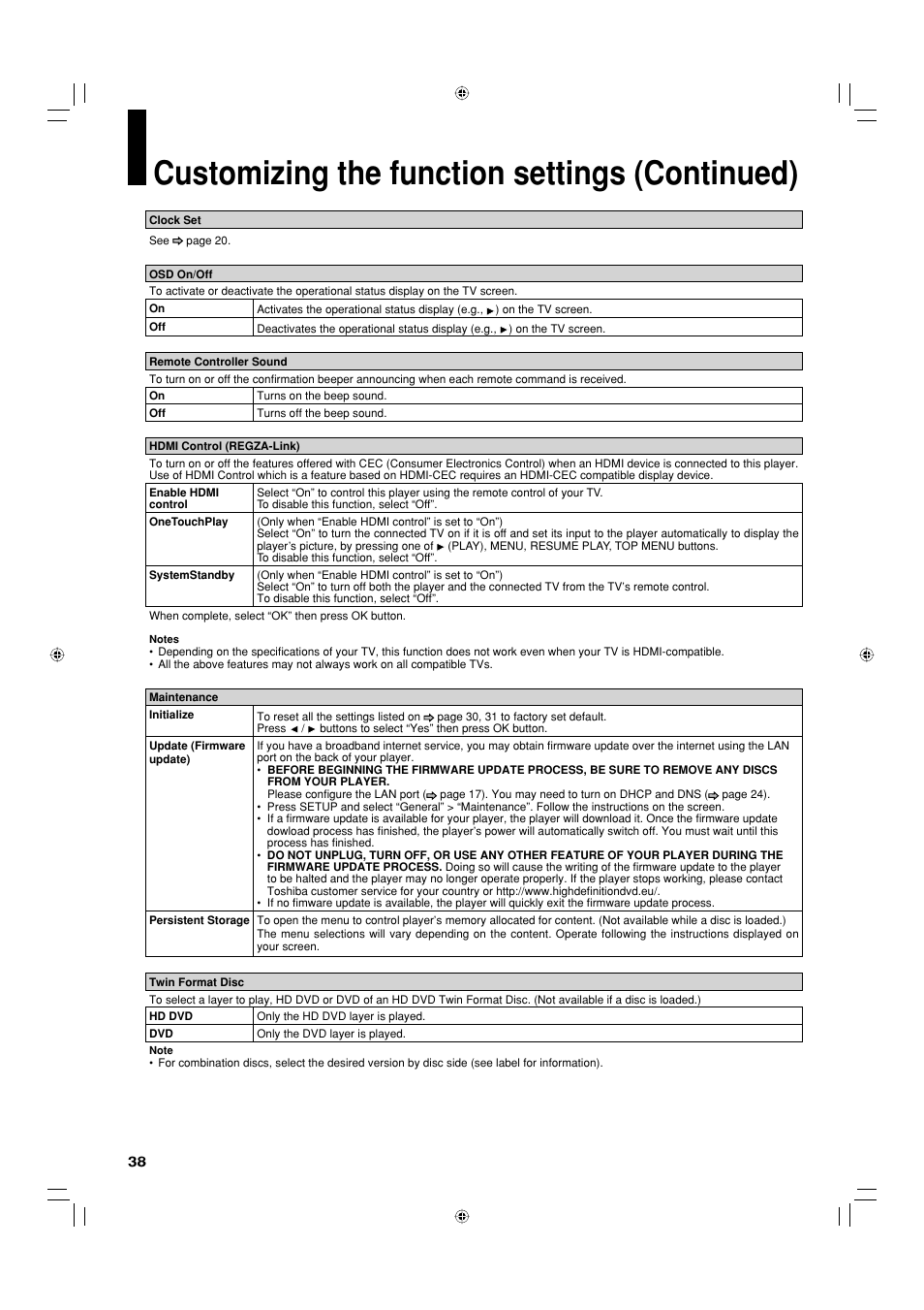 Customizing the function settings (continued) | Toshiba HD-EP35KB User Manual | Page 38 / 40