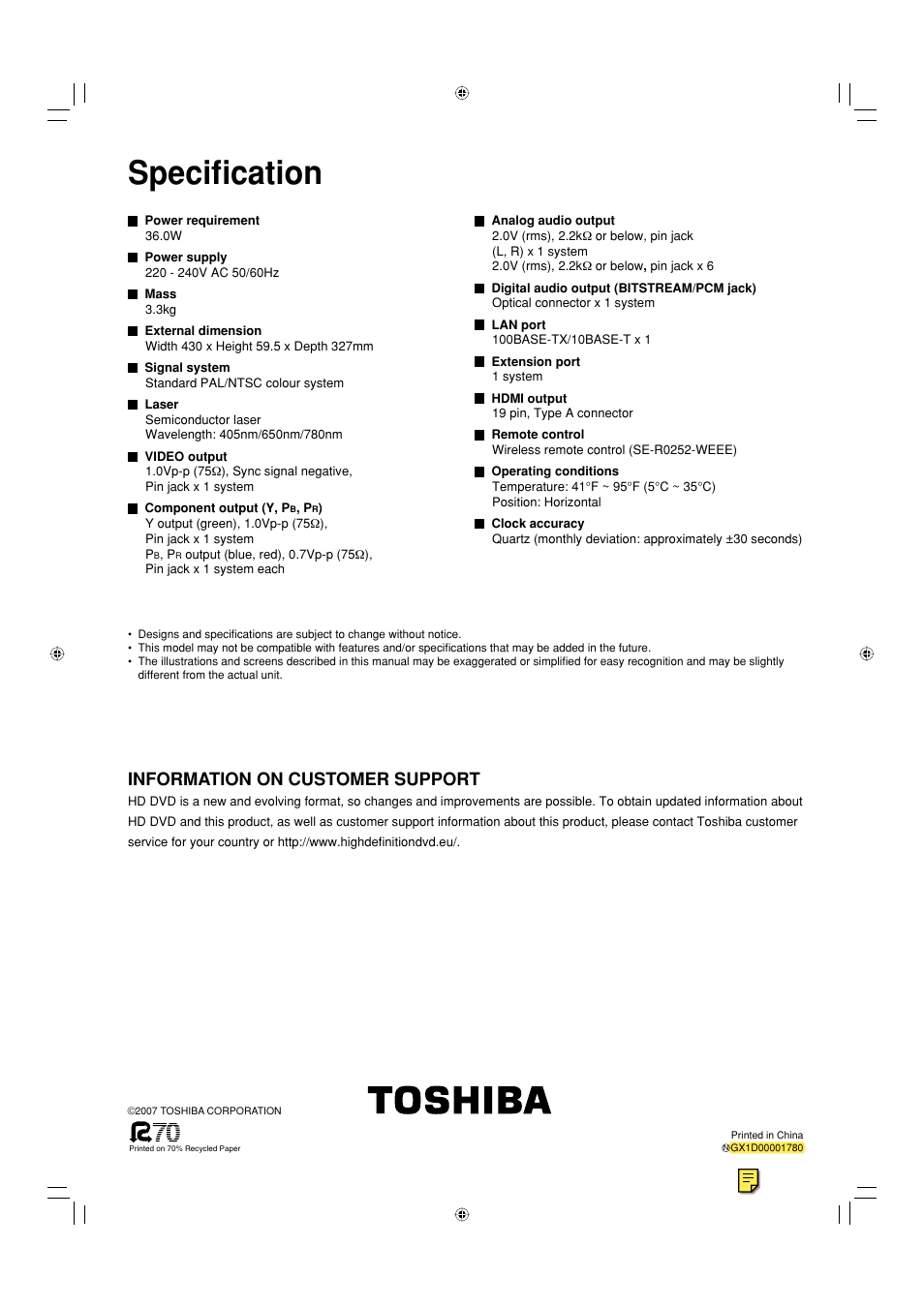 Specifi cation, Information on customer support | Toshiba HD-EP35KB User Manual | Page 40 / 40