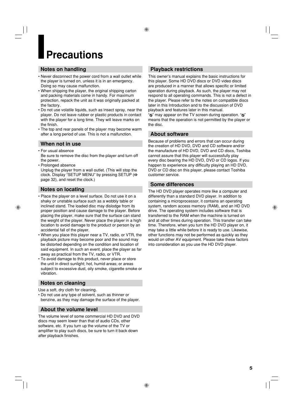 Precautions | Toshiba HD-EP35KB User Manual | Page 5 / 40